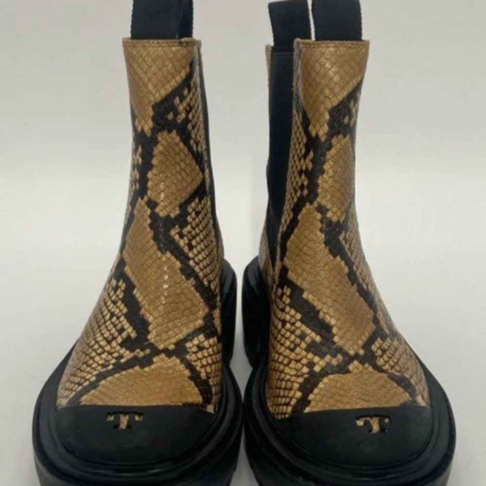 Tory Burch Logo Toe Snakeskin Black/Tan Chelsea Women's Boots 7